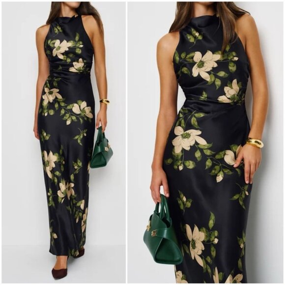 NEW Reformation Anaiis Silk Long Black Floral Backless Dress Mood for Love US 2 - Picture 3 of 16